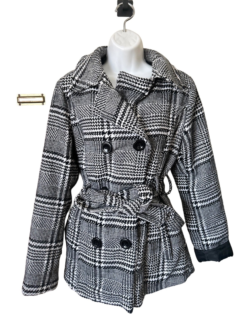 RILEY &JAMES, Black & White Plaid Double-Breasted Peacoat with Belt, Sz L